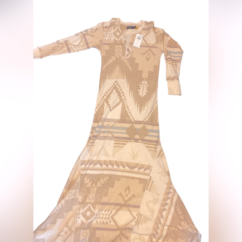 NWT Polo Ralph Lauren Women's Beige Tribal Print Long Sleeve Maxi Dress SZ S